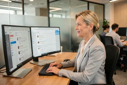 Femme professionnelle gérant des e-mails automatisés sur deux écrans dans un bureau moderne