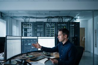 Professionnel IT gérant une infrastructure centralisée depuis un poste de travail avec plusieurs écrans de monitoring