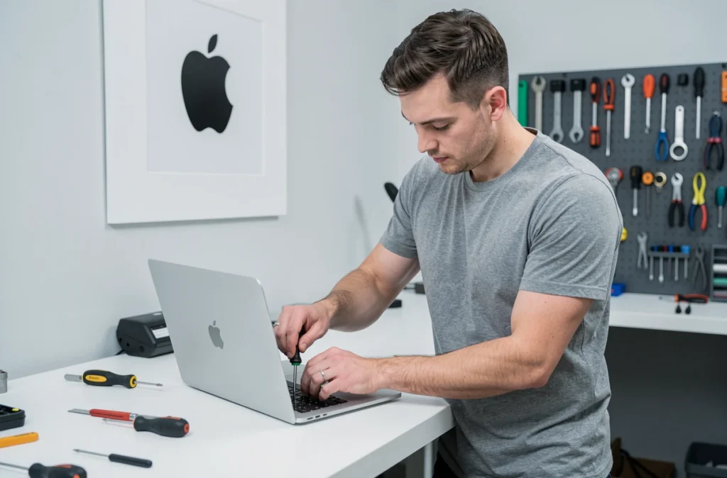 Technicien de Gminipc remontant un MacBook Pro dans leur atelier de réparation Apple à Marseille