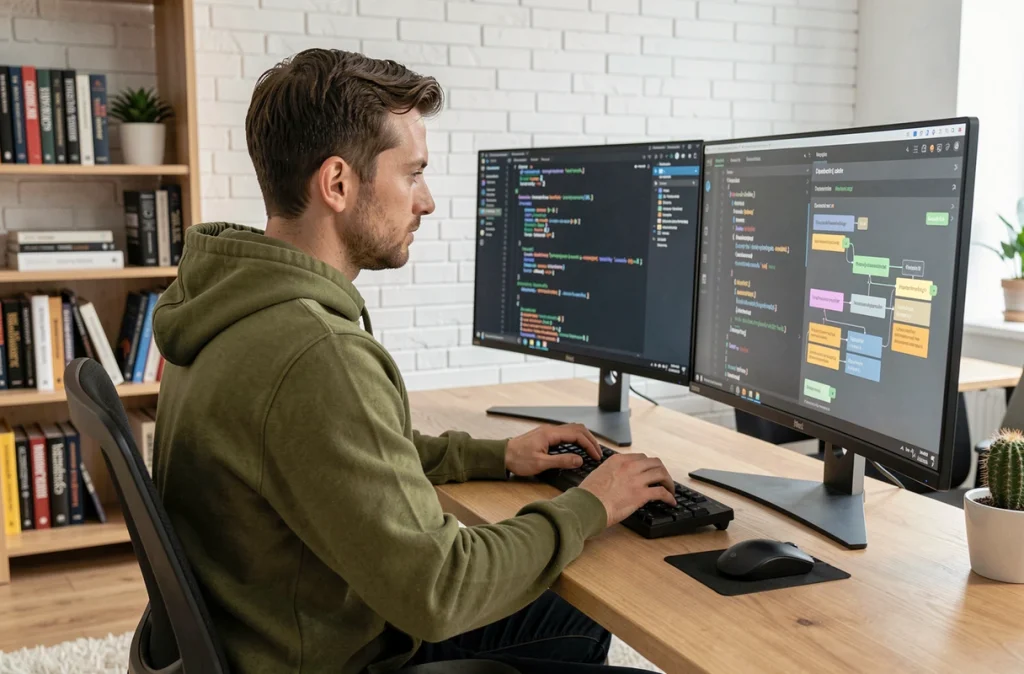Développeur logiciel de GoLive Software codant sur un double écran dans un espace de travail moderne et organisé