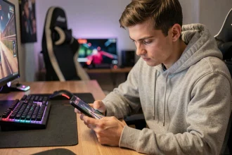 Jeune homme consultant l'historique d'achat Valorant sur smartphone depuis son bureau de gamer