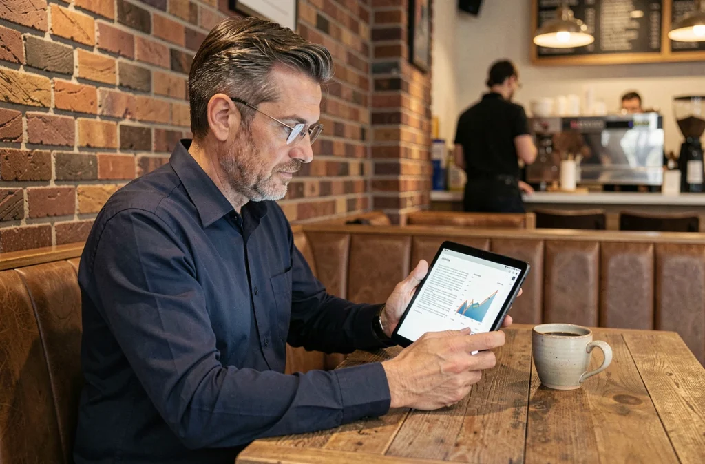 Homme d'affaires consultant un PDF sur tablette Android dans un café