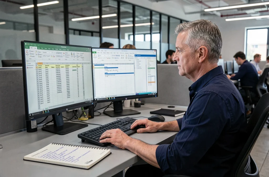 Homme travaillant sur un tableur avec deux écrans dans un bureau open space