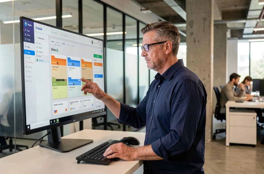 Homme professionnel gérant un système de stockage en ligne sur grand écran dans un open space moderne