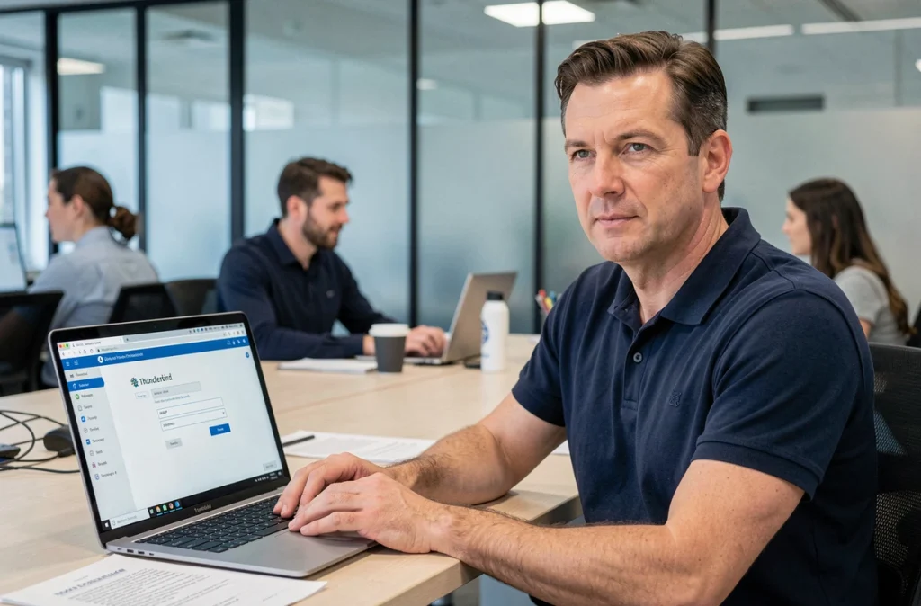 Homme paramétrant un compte Thunderbird en open space avec les champs IMAP et SMTP visibles