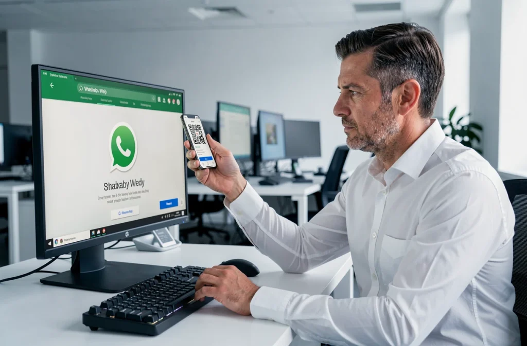 Homme en bureau tentant de scanner le code QR WhatsApp Web avec son smartphone devant un écran d'ordinateur