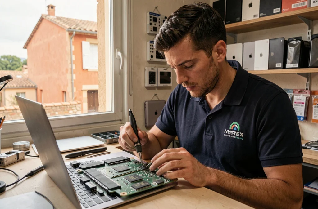 Technicien d'IMOB STORE effectuant une microsoudure sur la carte mère d'un MacBook dans leur boutique à La Penne-sur-Huveaune