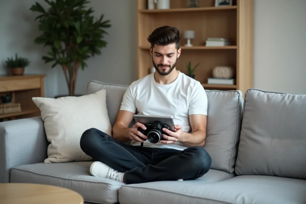Jeune homme important des photos depuis un appareil photo sans miroir vers une tablette dans un salon moderne