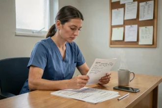 Infirmière consultant un planning de gardes et astreintes sur un bureau d'hôpital