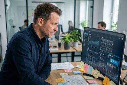 Ingénieur logiciel face à une interface IA d'entreprise sur grand écran dans un open space moderne