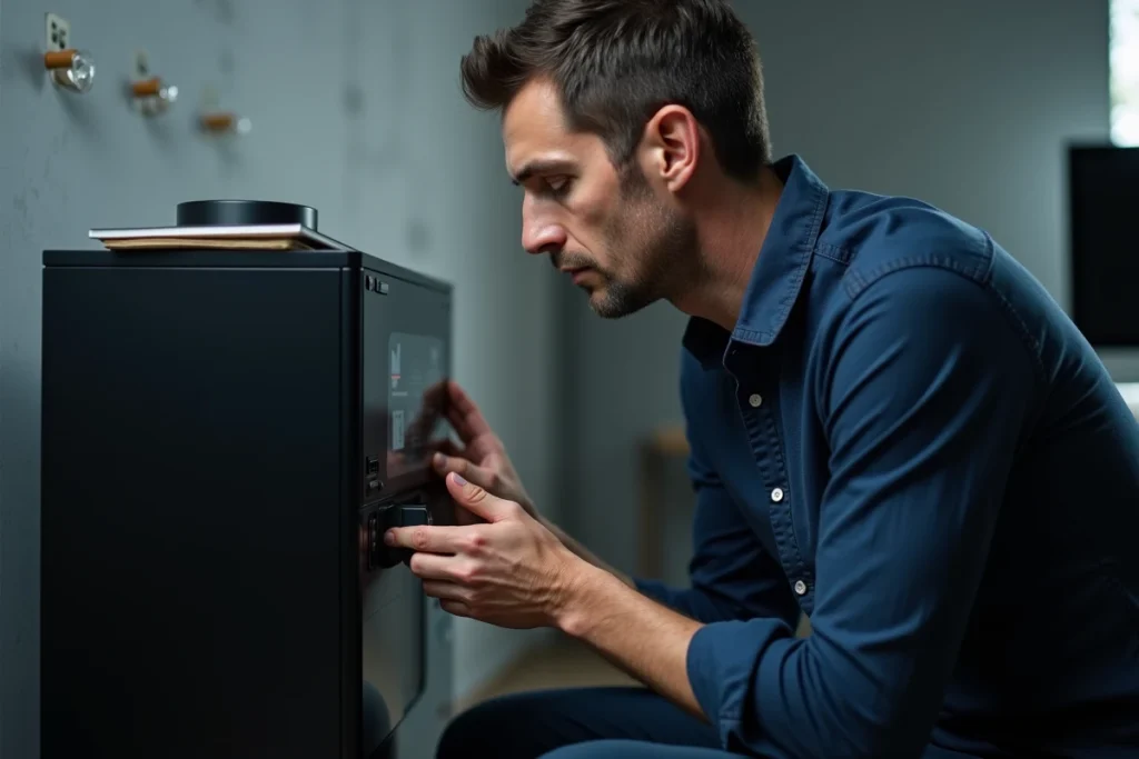 Homme insérant une carte SD dans un lecteur de carte connecté à un ordinateur de bureau