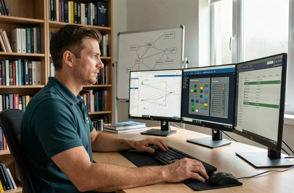 Intégrateur systèmes d'IT Systèmes travaillant sur des logiciels de surveillance réseau dans un bureau informatique organisé