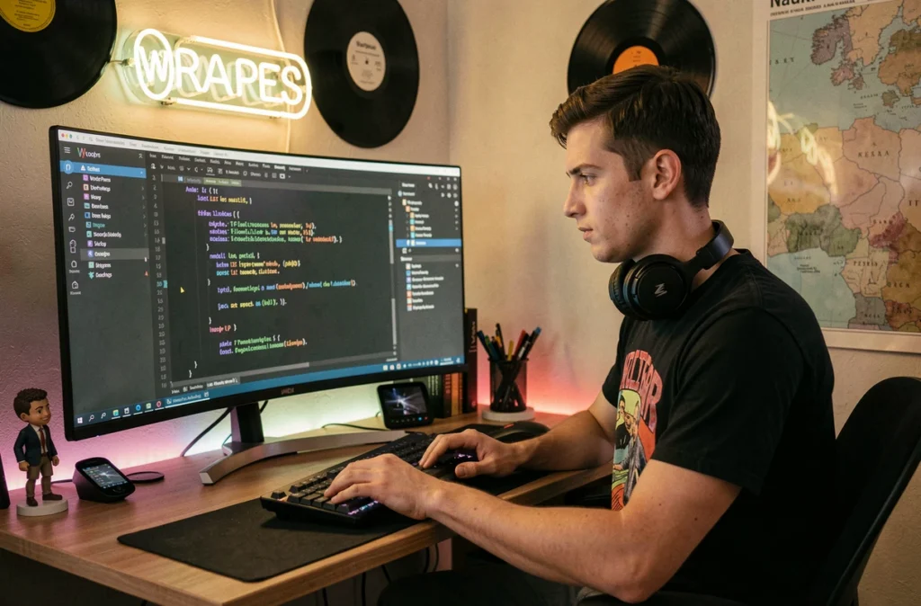 Développeur de Jesuisundev Studio codant sur WordPress dans un studio créatif personnalisé