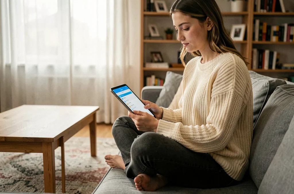 Jeune femme triant des fichiers sur tablette dans une application de stockage cloud depuis son salon