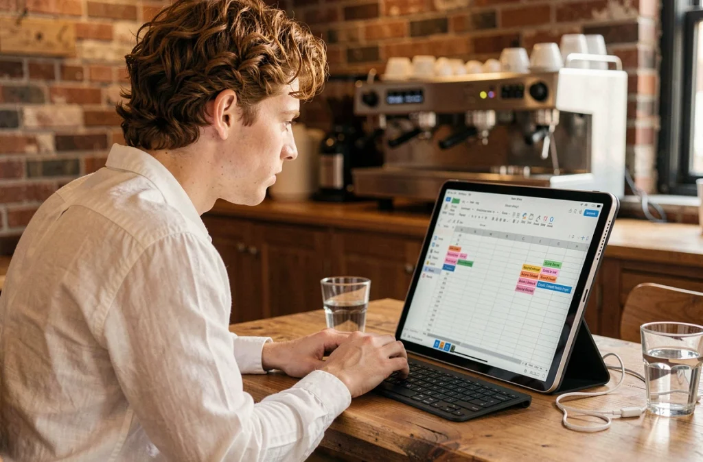 Jeune professionnel utilisant un raccourci clavier sur tablette dans un café