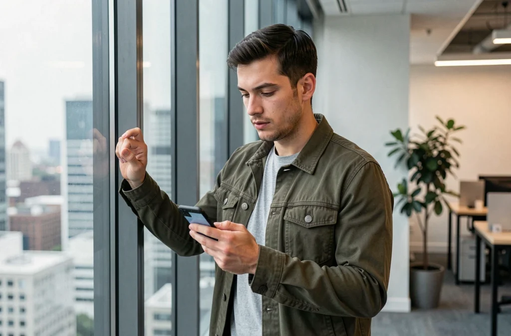 Jeune professionnel lisant un fichier PDF sur Android près d'une fenêtre de bureau en ville