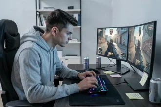 Joueur CS2 concentré devant ses écrans avec interface de rang et setup gaming moderne