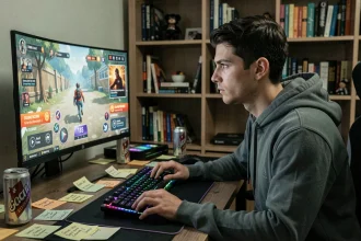 Joueur concentré devant son écran de jeu avec des notifications de récompenses manquées, bureau gaming encombré