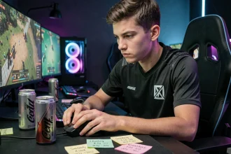 Joueur esport professionnel concentré en train d'ajuster sa sensibilité souris dans une salle d'entraînement VALORANT