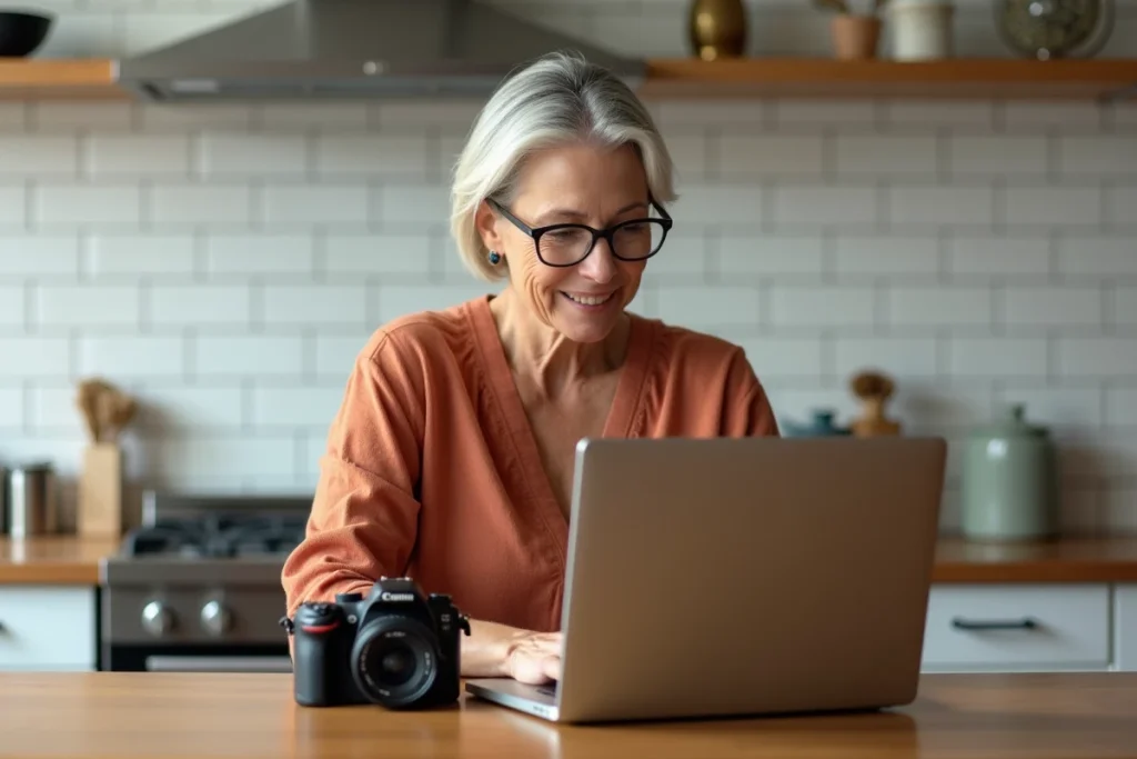 Femme consultant un logiciel de gestion de photos sur un ordinateur portable connecté à un appareil photo numérique dans une cuisine moderne