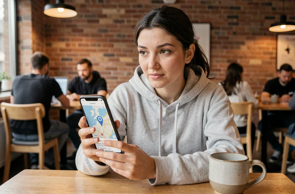 Femme vérifiant le pays d'origine d'une adresse IP sur smartphone dans un espace de coworking
