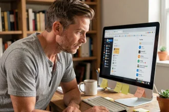 Homme consultant les marques-pages Firefox sur son ordinateur de bureau dans un bureau à domicile