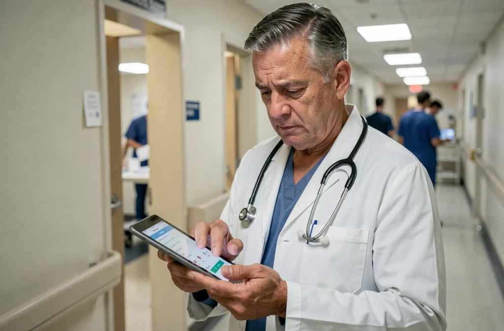 Médecin consultant une application de gestion des astreintes sur tablette dans un couloir d'hôpital