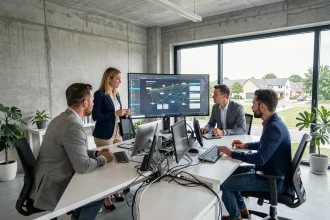 Équipe de prestataires informatiques en Essonne travaillant dans un bureau moderne avec des écrans affichant des infrastructures réseau