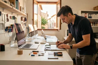 Atelier de réparation Mac dans les Bouches-du-Rhône avec des techniciens travaillant sur des ordinateurs Apple