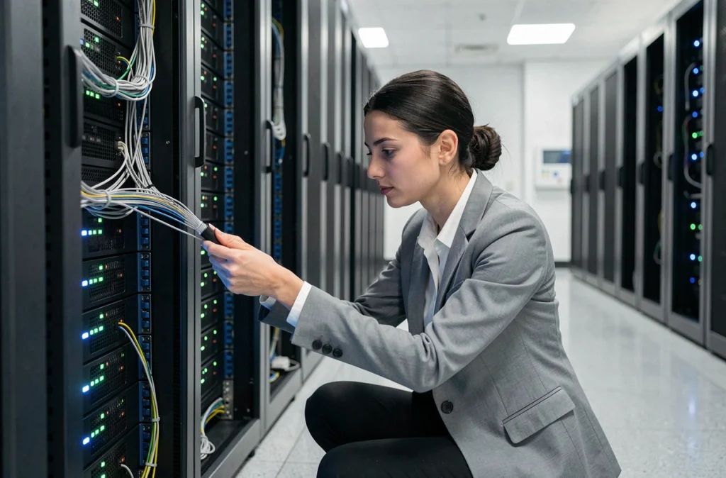 Ingénieure réseau de Neatem inspectant des câbles à fibre optique dans une salle de serveurs professionnelle