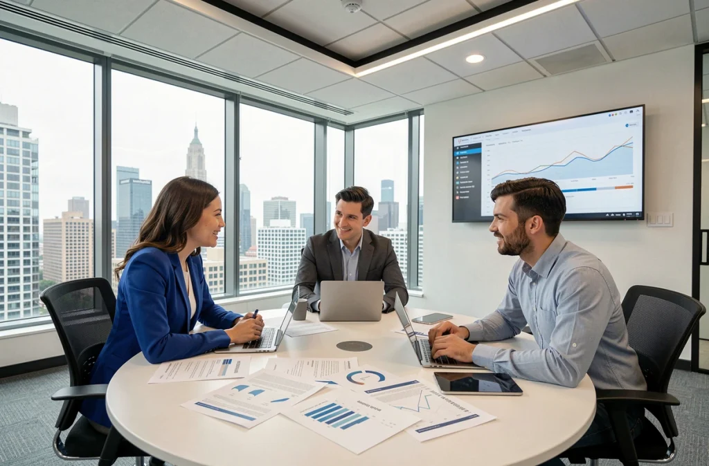 Équipe de consultants en transformation numérique d'Onepoint réunis autour d'une table de conférence avec des documents stratégiques