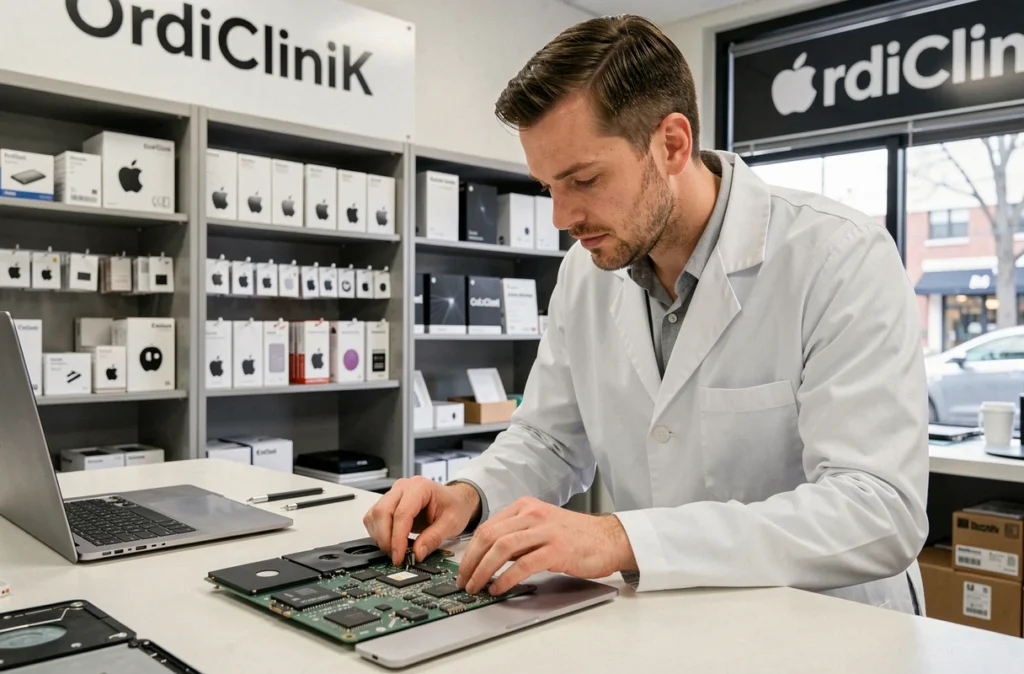 Technicien d'OrdiCliniK inspectant la carte mère d'un MacBook Pro dans un atelier de réparation à Marseille