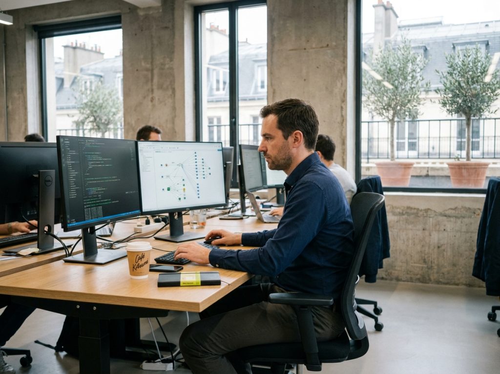 Prestataire informatique parisien travaillant sur deux écrans dans un open space moderne avec vue sur les toits haussmanniens