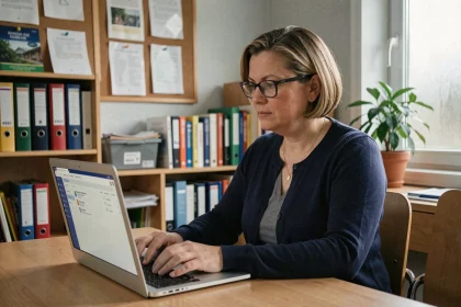 Professeure utilisant la messagerie académique Grenoble sur son ordinateur portable dans une salle des professeurs