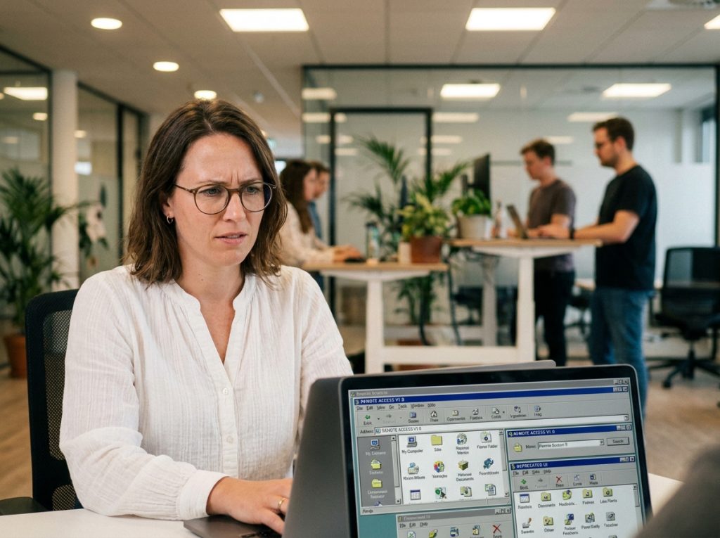 Professionnelle sceptique devant un tableau de bord surchargé d'un logiciel de télémaintenance en open space