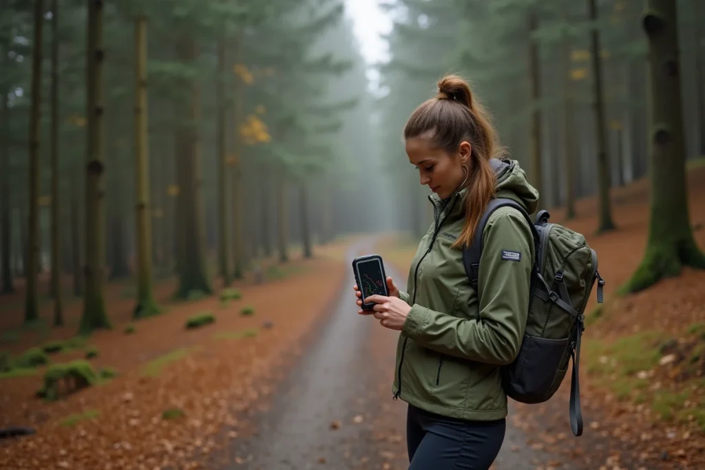 Randonneuse consultant un appareil GPS avec traces fusionnées sur un sentier forestier en automne