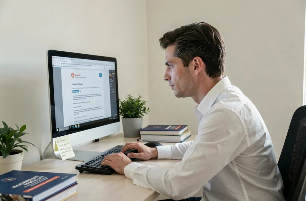 Homme consultant un email d'assistance informatique universitaire pour récupérer son mot de passe Zimbra