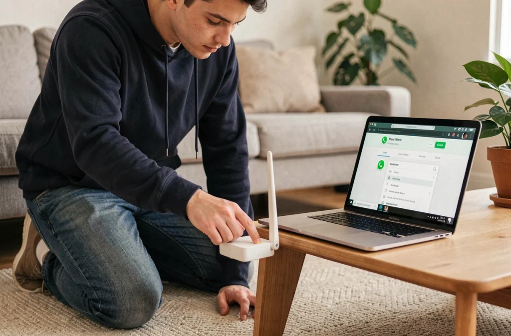 Personne redémarrant son routeur Wi-Fi pour résoudre un problème de connexion WhatsApp Web sur ordinateur portable