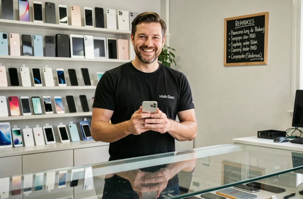 Vendeur d'une boutique de réparation présentant un iPhone réparé dans un magasin proposant dépannage iPhone, iPad et ordinateur à Marseille