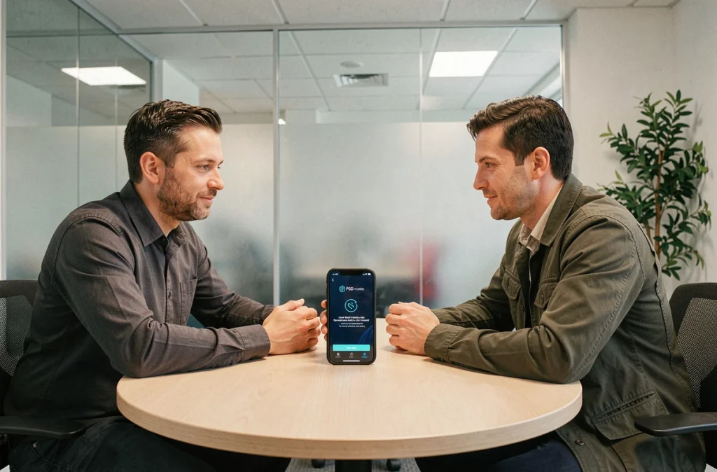 Deux professionnels examinant un téléphone PGP sécurisé pour vérifier des clés cryptographiques lors d'une réunion fintech