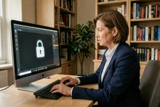 Femme utilisant un ordinateur fixe pour gérer la sécurité de ses données personnelles dans un bureau à domicile