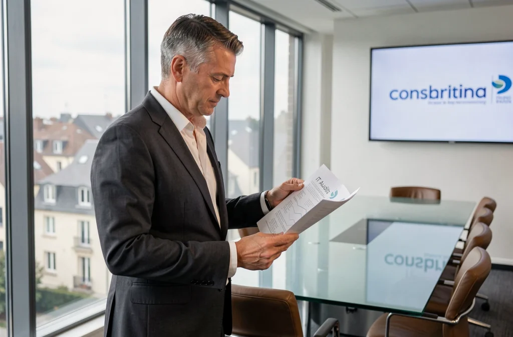 Consultant senior de Siga IT Consulting examinant un rapport d'audit informatique dans une salle de réunion corporative