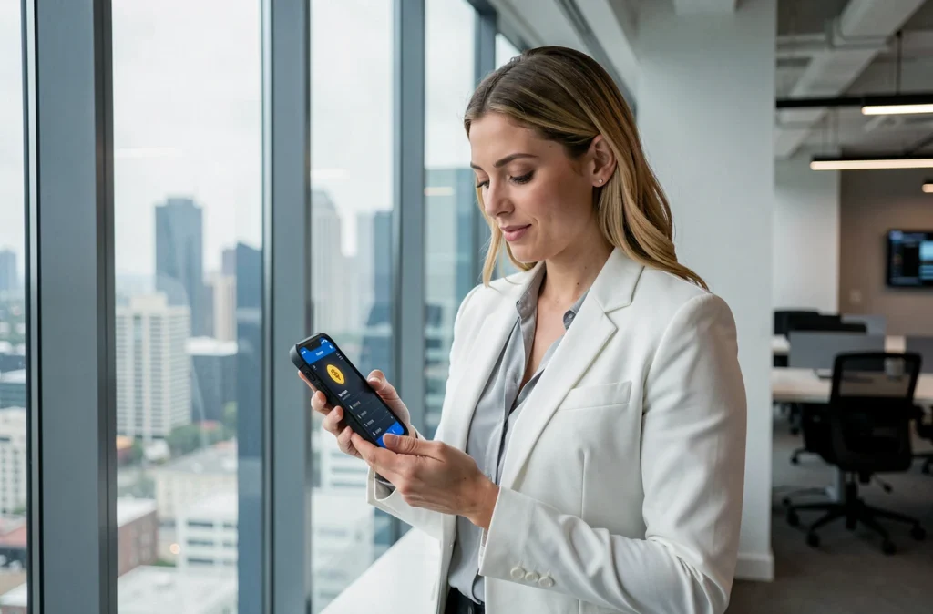 Femme en blazer utilisant un smartphone chiffré pour gérer un wallet crypto en espace de coworking urbain