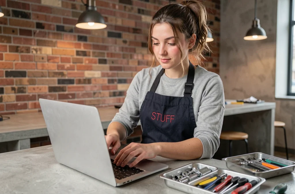 Technicienne de l'atelier STUFF remplaçant le clavier d'un MacBook dans leur boutique de réparation à Marseille