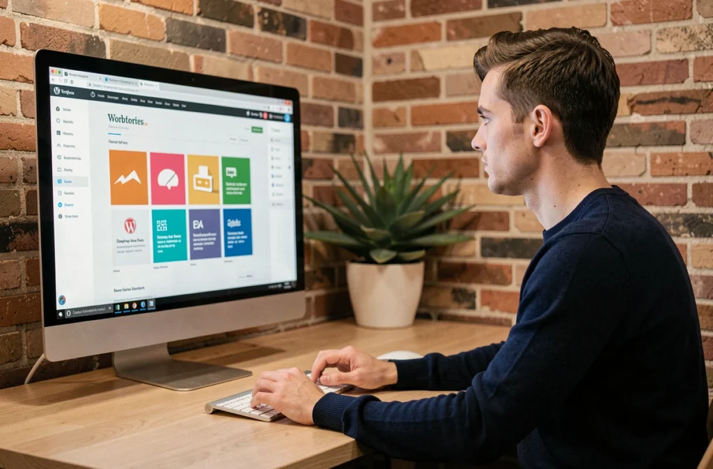 Designer de l'agence Tatoun travaillant sur une interface WordPress dans un studio créatif