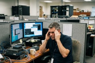 Technicien informatique frustré face à un logiciel de prise en main à distance trop complexe sur double écran