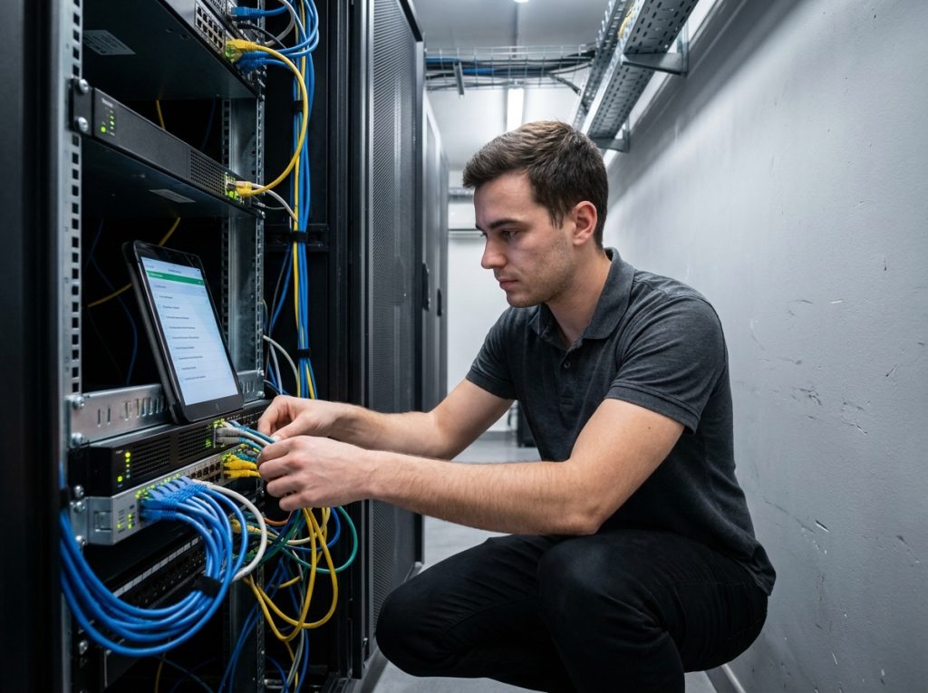 Technicien informatique câblant une baie serveur dans la salle machine d'une PME parisienne