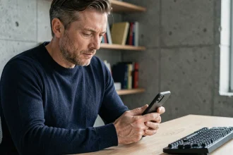 Homme tenant un téléphone chiffré PGP pour sécuriser ses clés privées crypto dans un bureau minimaliste