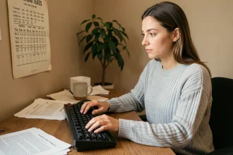 Femme qui effectue un test de frappe dactylo sur un clavier mécanique dans un bureau à domicile