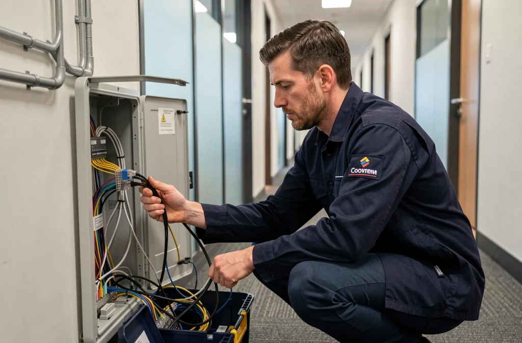 Technicien réseau de Tiscom connectant des câbles ethernet dans un cabinet réseau mural dans un couloir de bureau professionnel